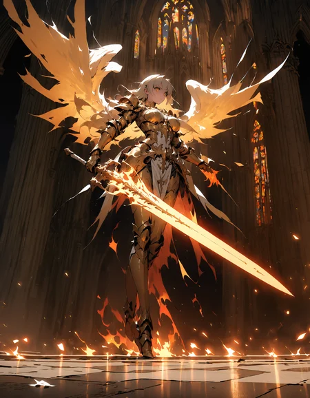 glowing style, glowing particle, epic female warrior on fire ablaze in white and gold armor with angel wings, horror christian cathedral, nighttime, dungeons and dragons,glowing sword<lora:glowing_style_XL_16E_GPmixV_V1.7:1>