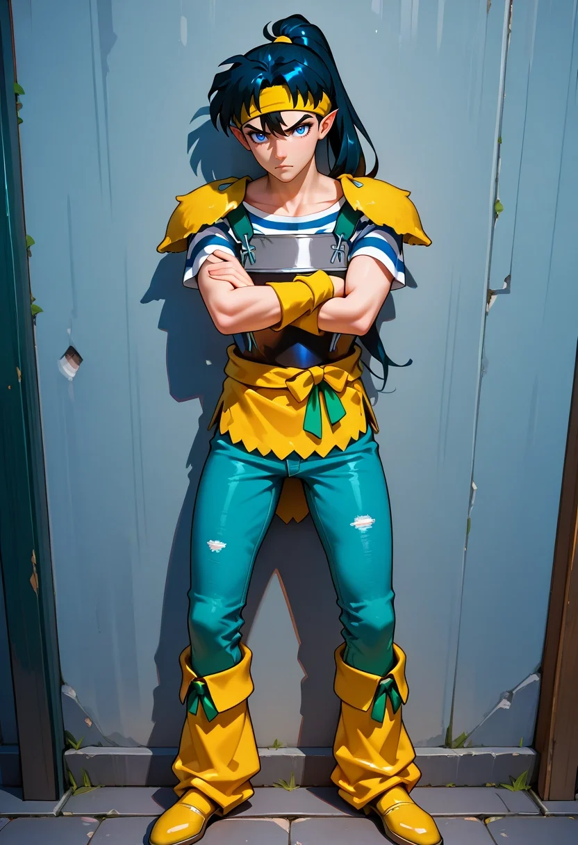 masterpiece, best quality, , (3d:0.4), looking at viewer, 1boy, solo, male focus, <lora:kouga_inuyasha_ilxl:0.98>, kouga_inuyasha, black hair, blue eyes, long hair, ponytail, pointy ears, headband, armor, leaning against a wall, arms crossed, serious expression, relaxed pose, overcast light, Jeans, Striped shirt, Chukka boots, Jester hat, and