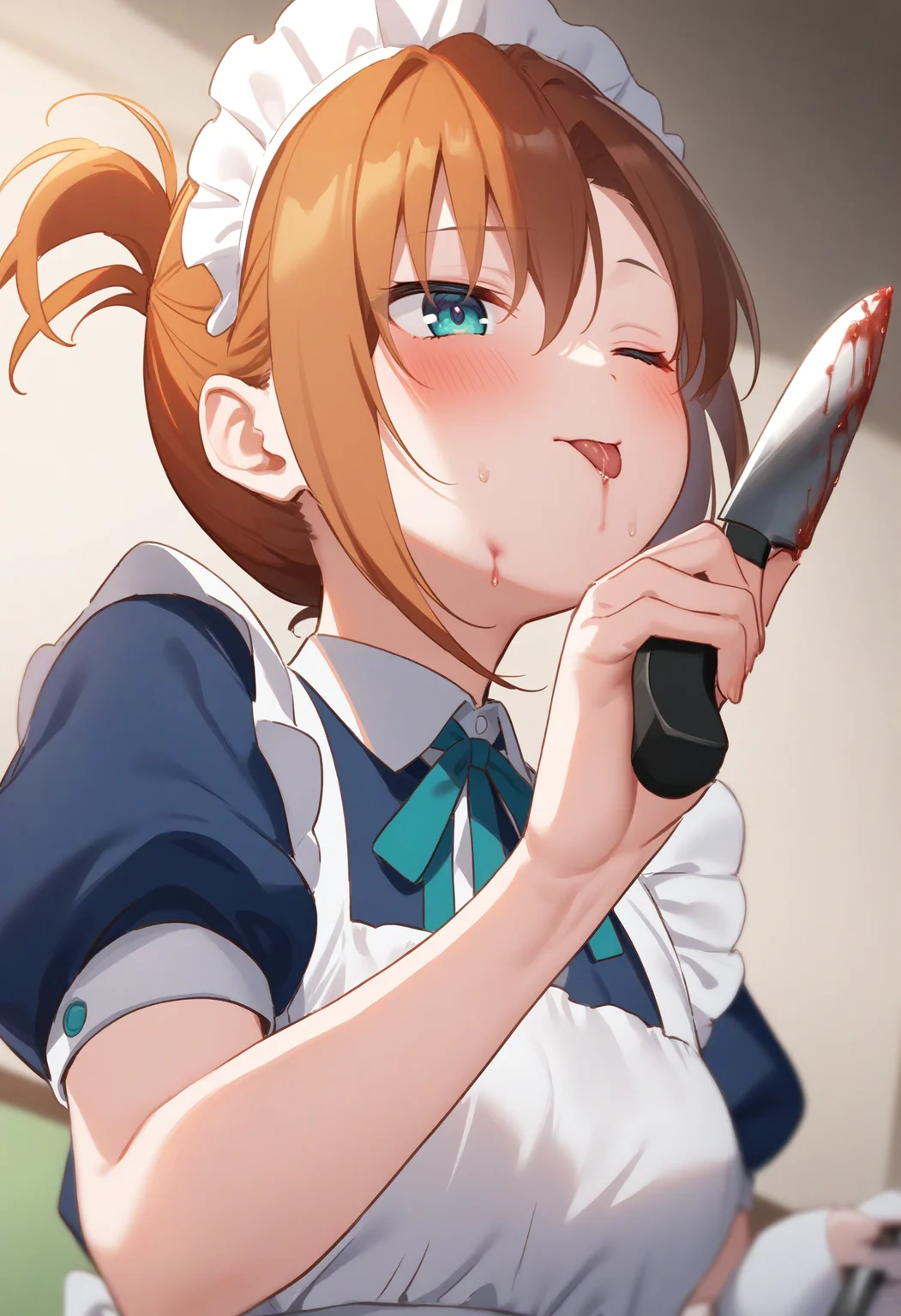 1girl,sincos, ningen mame, toosaka asagi,solo,medium breasts,20yo,maid,maid headdress,
licking knife, <lora:lickingknife_XL_v1:0.8>
tongue out, holding knife, blood,saliva,
from below, upper body, looking ahead, orange hair, green eyes,wince, home economics room, closed mouth, folded ponytail hair,,
best quality, very aesthetic, absurdres