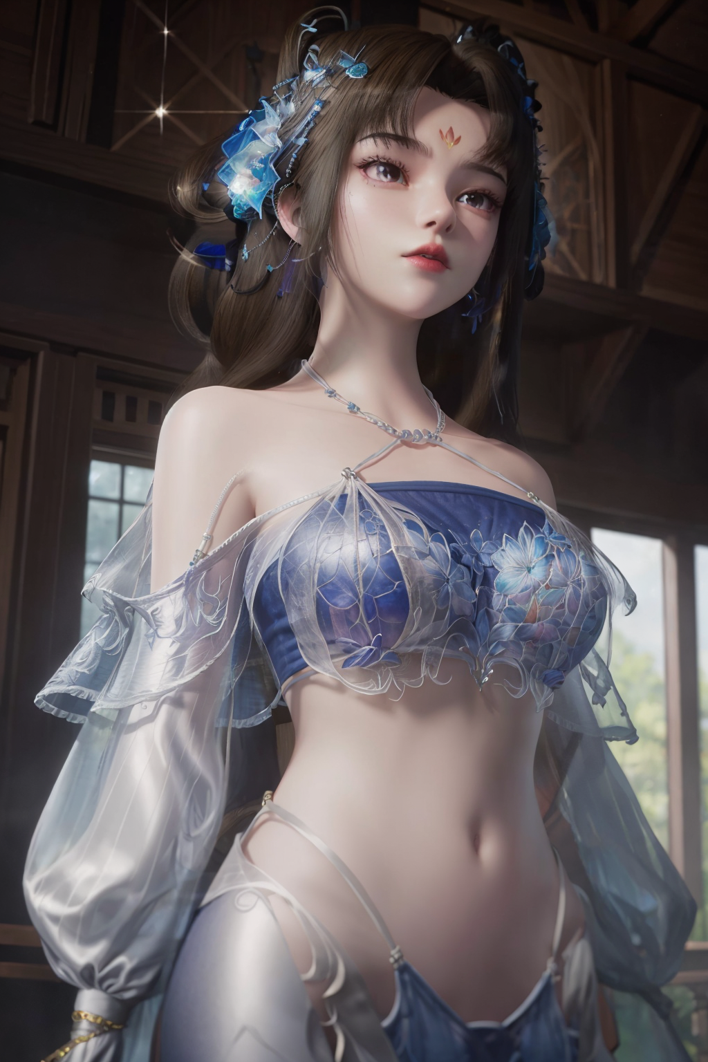 breathtaking <lora:ChengLing>,halter top,sexy,1girl,jewelry,forehead mark,solo,long hair,hair ornament,camisole,transparent,embroidered camisole,glowing,alpha transparency,see-through,from below,sparkle,earrings,upper body,necklace,brown hair,pearl,flower,simple background,bathhouse, . award-winning, professional, highly detailed, best quality , masterpiece, illustration, an extremely delicate and beautiful, extremely detailed ,CG,unity,8k wallpaper, Amazing, finely detail, masterpiece, best quality,official art,extremely detailed CG unity 8k wallpaper,absurdres, incredibly absurdres, huge filesize , ultra-detailed, highres, extremely detailed,beautiful detailed girl, extremely detailed eyes and face, beautiful detailed eyes,light on face,