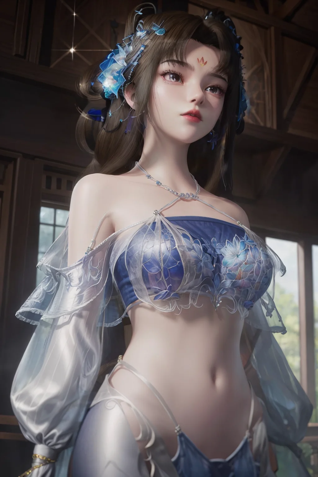 breathtaking <lora:ChengLing>,halter top,sexy,1girl,jewelry,forehead mark,solo,long hair,hair ornament,camisole,transparent,embroidered camisole,glowing,alpha transparency,see-through,from below,sparkle,earrings,upper body,necklace,brown hair,pearl,flower,simple background,bathhouse, . award-winning, professional, highly detailed, best quality , masterpiece, illustration, an extremely delicate and beautiful, extremely detailed ,CG,unity,8k wallpaper, Amazing, finely detail, masterpiece, best quality,official art,extremely detailed CG unity 8k wallpaper,absurdres, incredibly absurdres, huge filesize , ultra-detailed, highres, extremely detailed,beautiful detailed girl, extremely detailed eyes and face, beautiful detailed eyes,light on face,