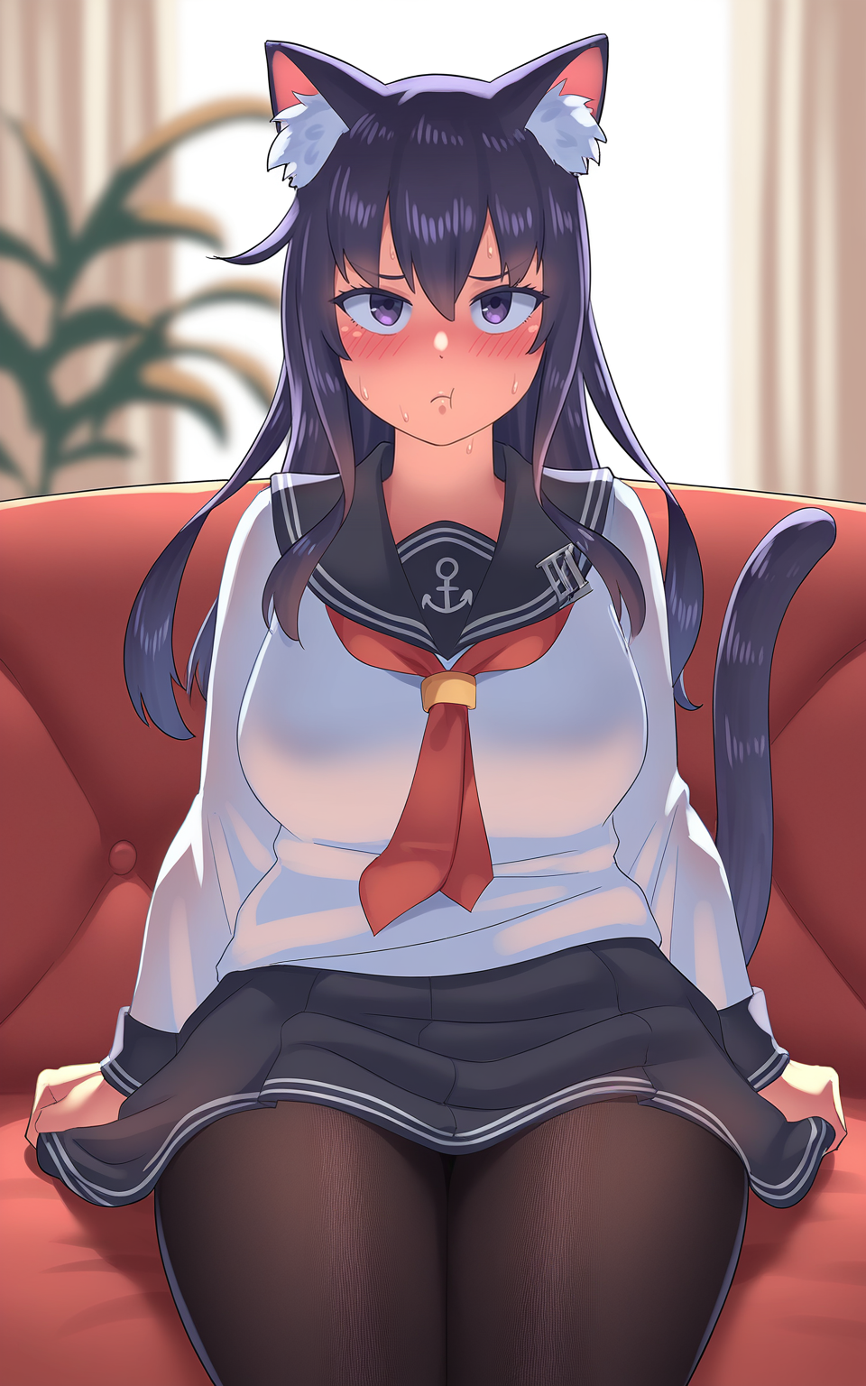 masterpiece, best quality, absurdres, highres, very awa, backlighting,
<lora:Zheng v3 - NoobAI 1.0 V-Pred (Huber):1>
zheng, 1girl, solo, akatsuki \(kancolle\), long hair, dark purple hair, purple eyes, looking at viewer, blush, pout, closed mouth, nervous sweating, nervous, cat girl, cat ears, cat tail, animal ear fluff, school uniform, white shirt, long sleeves, black sailor collar, naval uniform, black skirt, skirt grab, black pantyhose, large breasts, thick thighs, arm support, cowboy shot, indoors, sitting, window, beige curtains, red sofa, red couch, potted plant, straight-on,