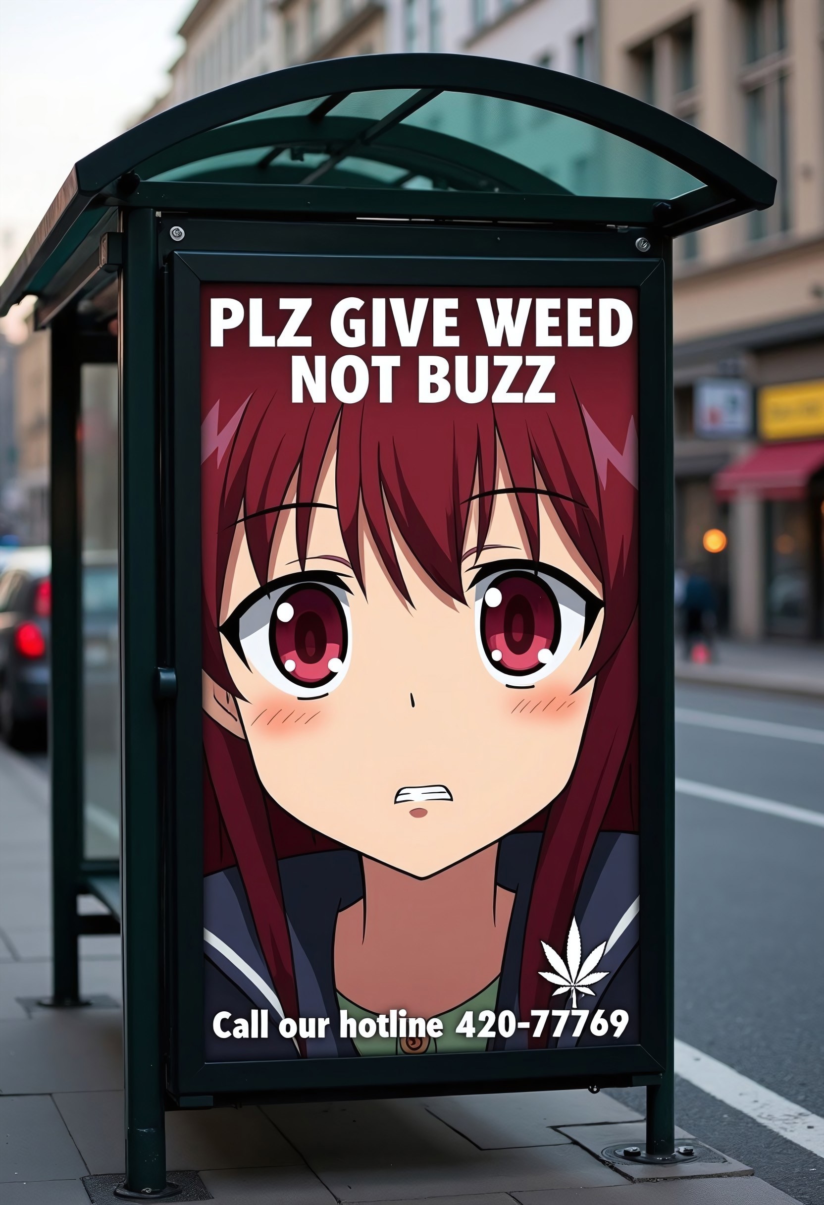 Bus stop outdoor ad, depicting a closeup photograph of a Anime girl,red sclera,red eyes, frowning deeply,drugged, unfocused gaze, extremely large nose. The headline reads "PLZ GIVE WEED NOT BUZZ" in a large font, a small text below reads "Call our hotline 420-77769 for assistance",cannabis logo