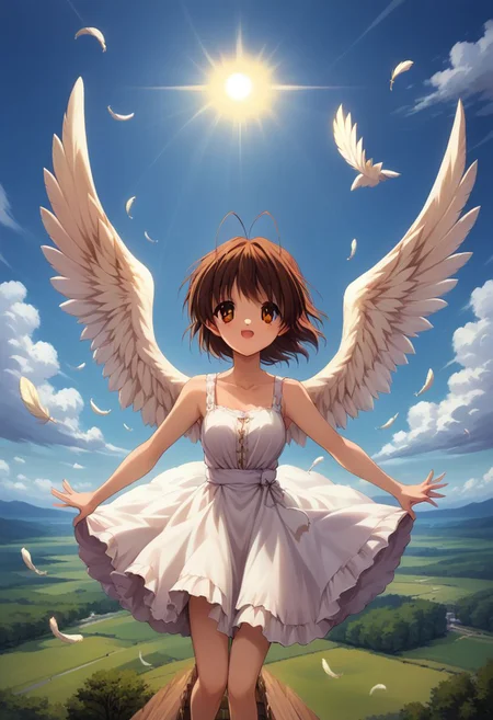 score_9, score_8_up, score_7_up, 1girl, solo, source_anime, masterpiece, depth of field, ultra detailed, beautiful detailed face, best quality, 8k, BREAK, Furukawa Nagisa, brown hair, brown eyes, antenna hair, medium breasts, happy smile, angel dress, angel girl, wings, sky, jewelry, sun, flying in sky, clouds,falling feathers