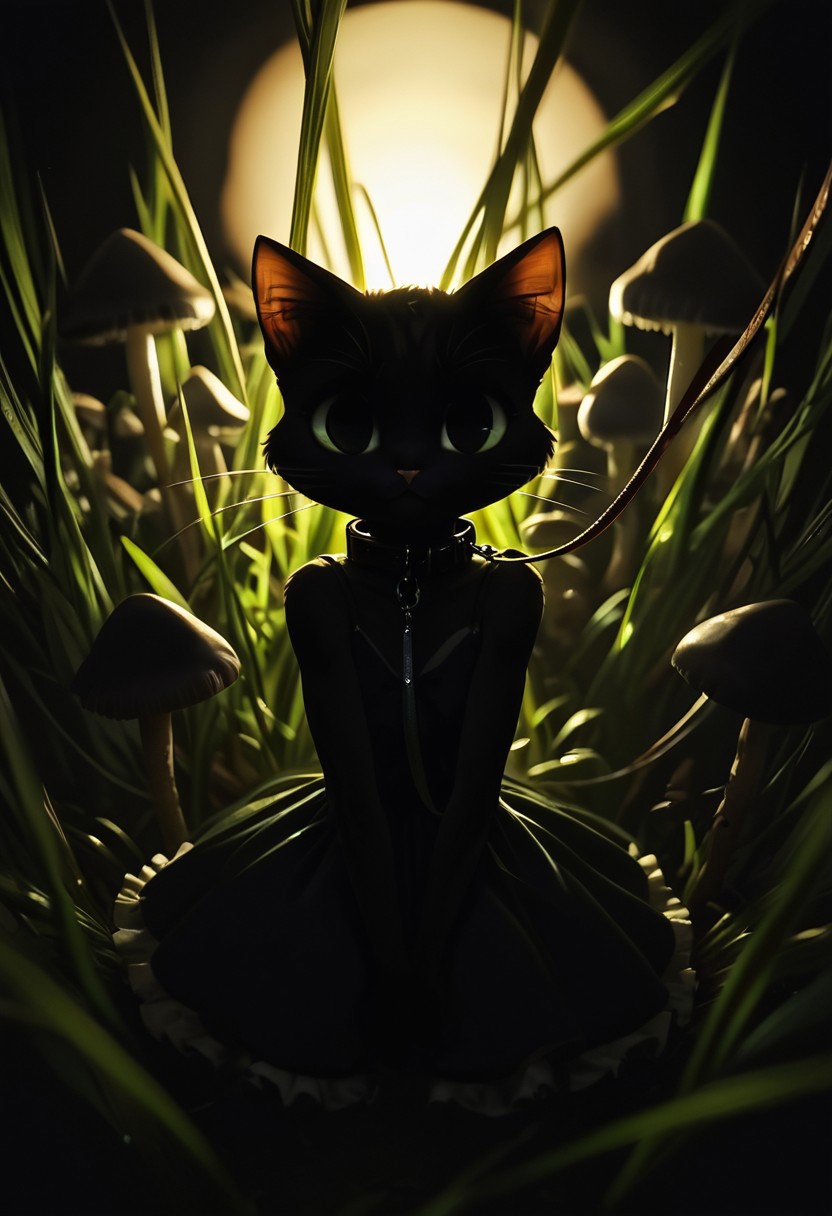 score_9, score_8_up, score_7_up, score_6_up, score_5_up, score_4_up, BREAK a closeup of a anthro cat dark-grasshrooms, cat, anthro, femboy, cute dress, collar, leash, looking at viewer, dark, backlit, low key, sidelight, silhouette, depth of field, blurry foreground, dark-grasshrooms