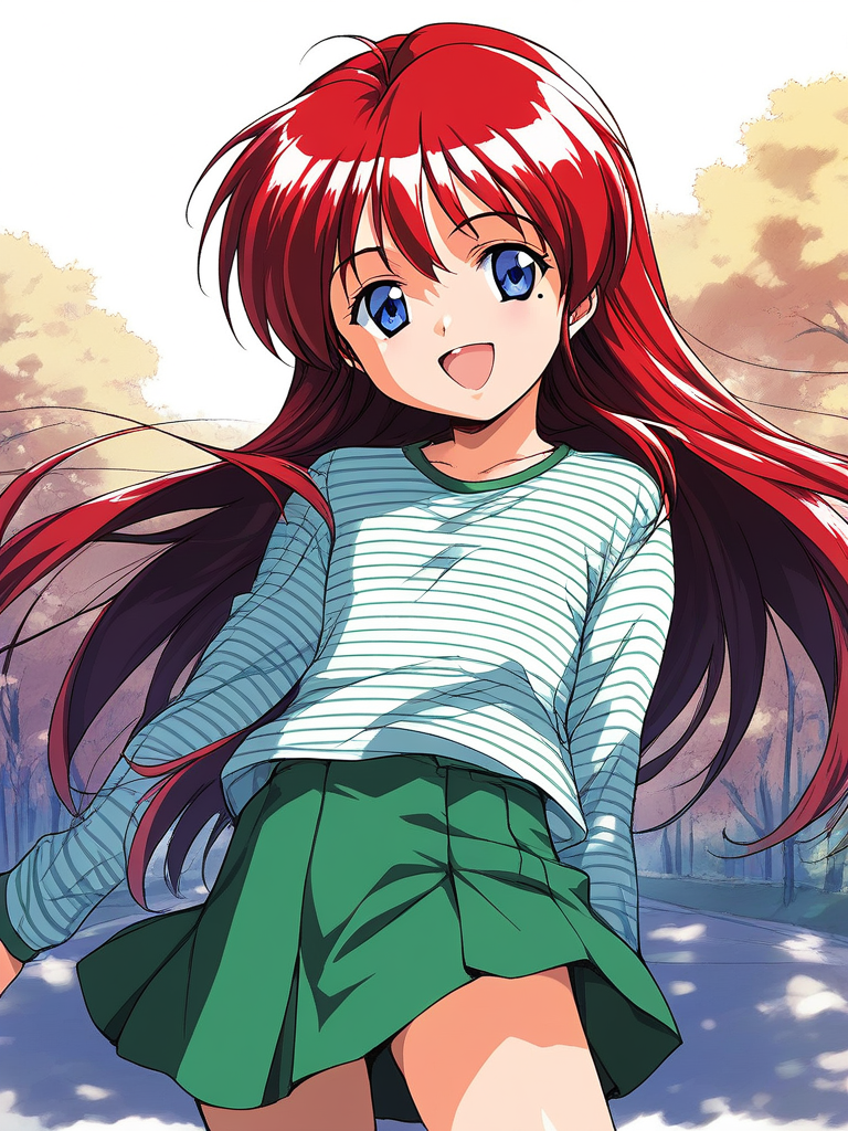 score_9, score_8_up, score_7_up, source_anime, rating_explicit, BREAK  <lora:Hinomoto_Hikari_XL:0.9> Hinomoto_Hikari, solo, red hair, long hair, blue eyes,  bangs, ã1990s \(style\), short stack, flat chest,
mole under eyeã
1girl, solo, long hair,  striped, long sleeves,  open mouth,  striped shirt, 
shirt, smile, skirt, standing,
looking at viewer, 
outdoor, day, sky,
cowboy_Shot,