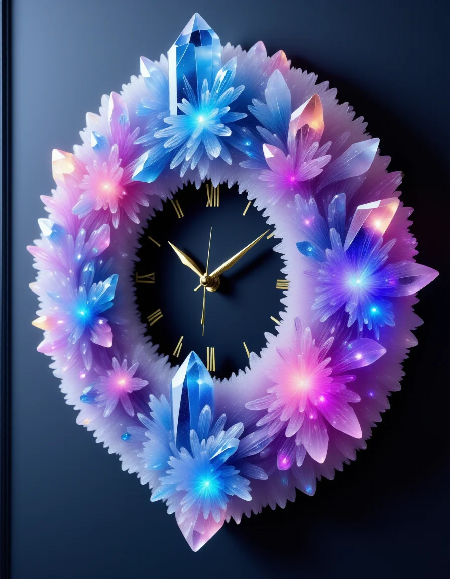 a bioluminescent wall clock made out of colourful auraquartz crystals, hanging on a wall , , <lora:Flux_Auraquartz:1>,<lora:BioIceCrystalsFlux:0.7>