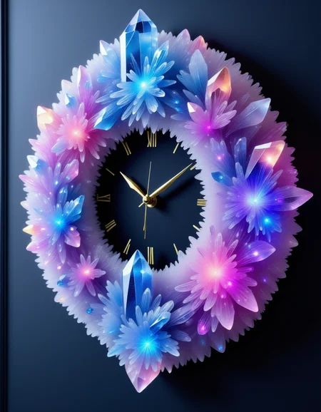 a bioluminescent wall clock made out of colourful auraquartz crystals, hanging on a wall , , <lora:Flux_Auraquartz:1>,<lora:BioIceCrystalsFlux:0.7>