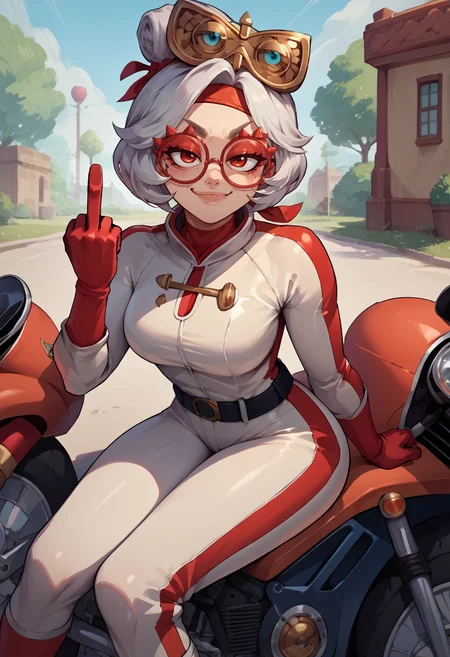 score_9, score_8_up, score_7_up, source_anime, bikesuit, biker clothes, white bodysuit, black belt, <lora:BikesuitsMario_XLPD:1>, 1girl, on motorcycle, leaning forward, smug, <lora:purah-pdxl-nvwls-v1:0.8> purah, hair ornament, red headband, red glasses, middle finger, sitting,