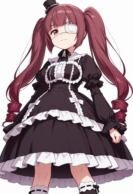 Smooth Quality,masterpiece,very intricate, high quality details, ultra realistic, high detailed skin,detailed enviorement,absurdres,
akanbe,
 <lora:Hanazono_Yurine_CNR:0.8> yurine_cnr, brown hair,very long hair, brown eyes, medical eyepatch, frown, twintails, drill hair, 
yurine_def_cnr, 1girl, gothic fashion, black dress, frilled dress, long sleeves, mini top hat, black socks, kneehighs, shoes, mary janes, ribbon-trimmed legwear,, simple background, white background, from below,solo,, sad smile,
