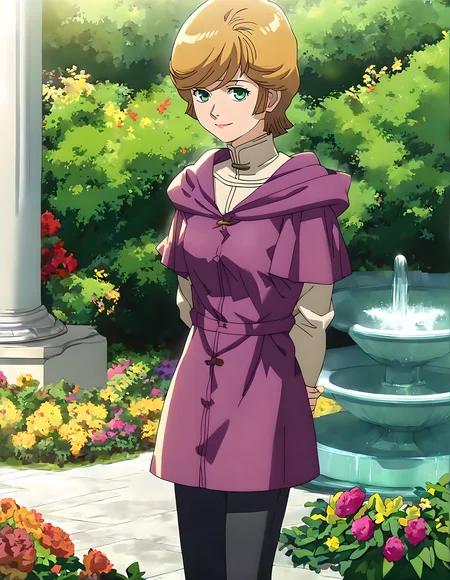 <lora:pony_xl_audrey:0.9>,audrey,score_9,score_8_up,score_7_up,source_anime,best quality,masterpiece,super fine illustration,1girl,solo,purple short-sleeved outerwear,white long sleeves,black pants,gardens,fountain,smile,;d,standing,arms_behind_back,knees_together_feet_apart,cowboy_shot,looking_at_viewer,lens_flare,available light,shirt_tucked_in,