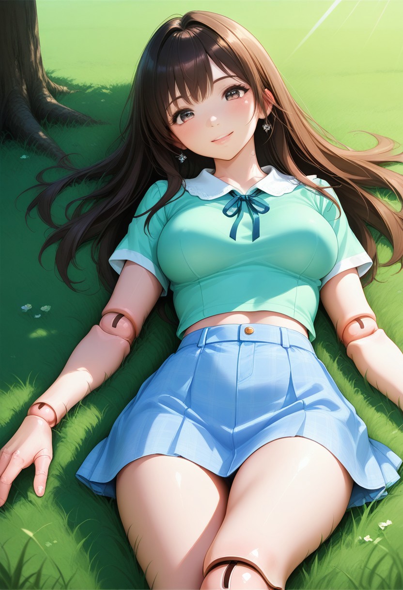 8k, hdr, girl, beautiful long hair, smiling, miniskirt, lying on the grass in the park, trees, summer, glossy rays, ray tracing, se_doll_joints