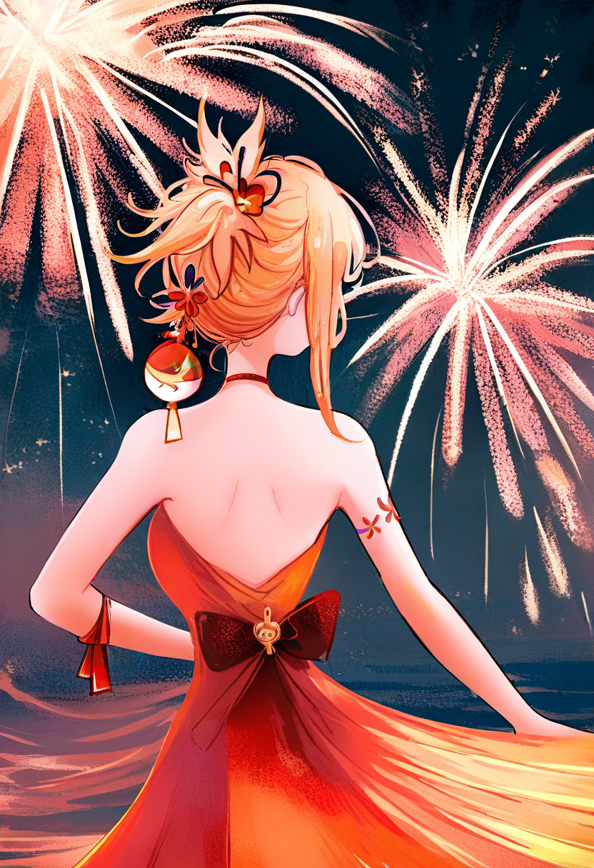 1girl, dress, yoimiya \(genshin impact\), red dress, fireworks, solo, blonde hair, backless dress, hair ornament, backless outfit, bare shoulders, alternate costume, from behind, orange dress, bare back, choker, tattoo, ribbon <lora:cqtlatteXL_NBVP1_lokr_V6311P:0.95>
