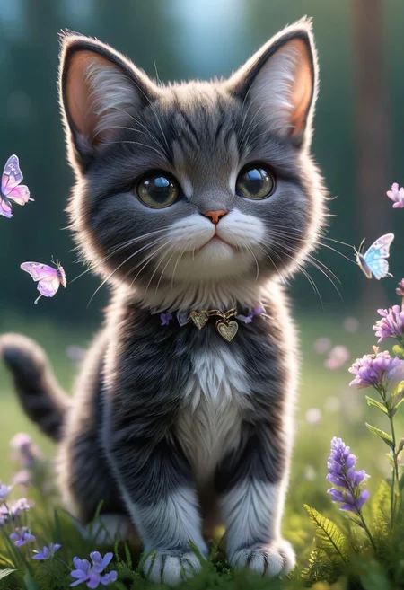 (((videogame_style))), (sharp focus:1.2), lineart, flat color, monochrome, greyscale, depth of field, bokeh, 8k, OLED, 1 black baby catsbeing playful, wearing ribbon choker in different colours, different fur, super cute,, The cat raise its paws towards the viewer, on a flower meadow at sunrise, a gloomy butterflies surround them,lluminated by the ethereal glow of studio lightning, the light is reflecting shadows on the cute animals, for the viewer, they appears alive, as if a glimpse of itheir inner sparkle is possible, sunrise, peacful and grateful atmosphere, painted hearts, magical atmosphere, close up, (((cuteness overload)))