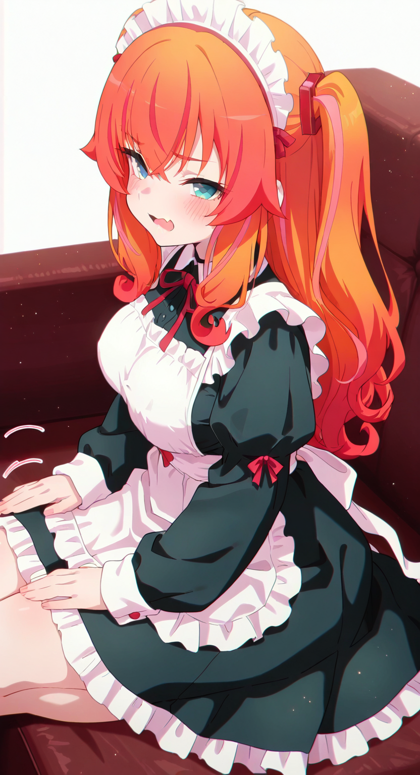 masterpiece, cute, lovely, newest, (best quality:1.3), very aesthetic, 1girl, solo, blush, (medium breasts:1.3), sagging_breasts, (trg_sain), high gradient eyes, high definition eyes, detailed eyes, eyesHD, ChopioM4kina, ong hair, orange hair, streaked hair, multicolored hair, gradient hair, two side up, sidelocks, red hair ornament, hair between eyes, crossed bangs, blue eyes, skin fang, BREAK, maid, teal eyes, full sleeves maid dress, oversized clothes, frilled dress, blush, scornful eyes, disgusted face, lap pillow invitation pose, line movements, patting thighs, looking at viewer, very cute, closeup, from side, masterpiece,best quality, light particles, cute details, cute colors, on a sofa, seiza, fantasy sofa, plain background