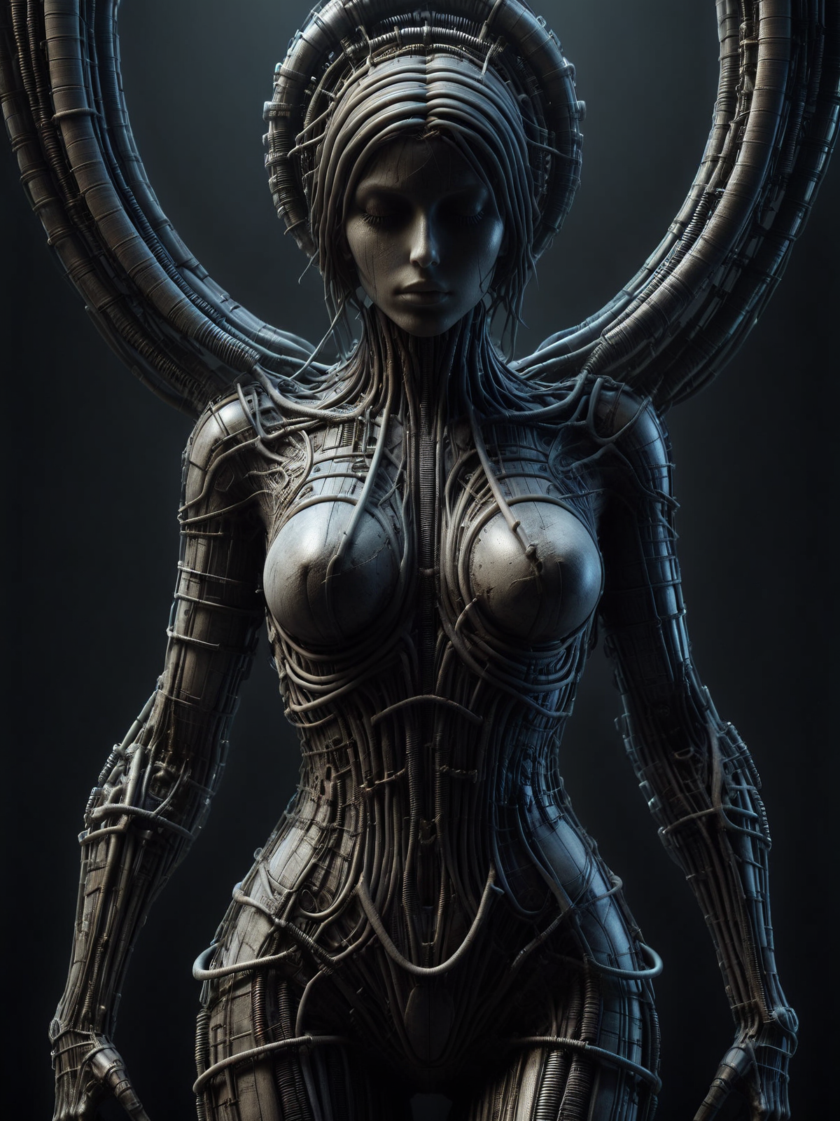 statue of a woman made of mad-rnfcnct , in the style of hr giger  <lora:Derilict_Concret_SDXL:1.0> <lora:Neon_Cyberpunk_SDXL:0.8>  cablelink <lora:great_lighting:0.5> great lighting <lora:aesthetic:1> aesthetic, (masterpiece:1.2), best quality, (hyperdetailed, highest detailed:1.2), high resolution textures