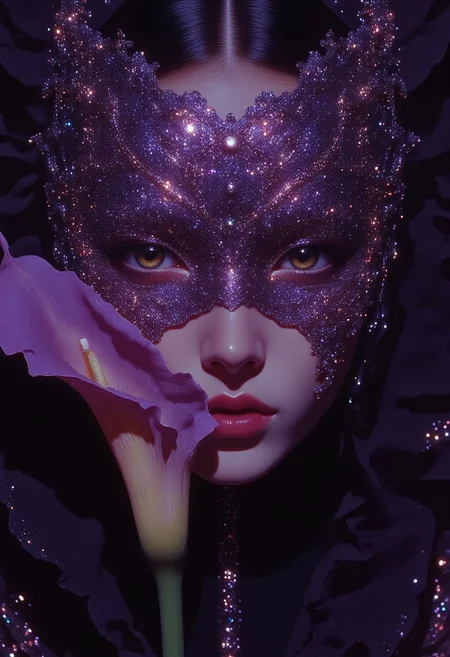 This image is a digital painting in a striking, dramatic, and surrealistic style, portraying a young woman in an avant-garde, symmetrical mask intricately woven with netting and shimmering dark purple accents. The mask, adorned with delicate silver embroidery, exudes elegance and refinement. A partially obscuring calla lily, its petals a rich blend of deep purple and creamy white, adds an element of mystery and dramatic contrast. Captured from a low angle to emphasize her intense expression, the composition accentuates the mask’s intricate textures and the flower’s velvety petals. The background matches the deep purple of the flower’s petals, enveloping the scene in a harmonious and moody tone, while dramatic side lighting enhances the glimmering accents, casting subtle sparkles that create depth and dimension.