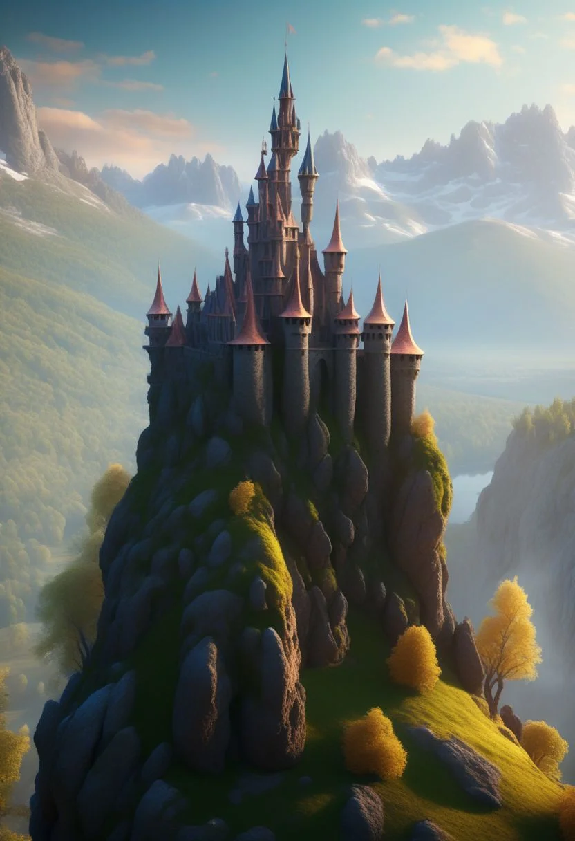 8K, fairy tale castle on a (rock spire), mountain on background