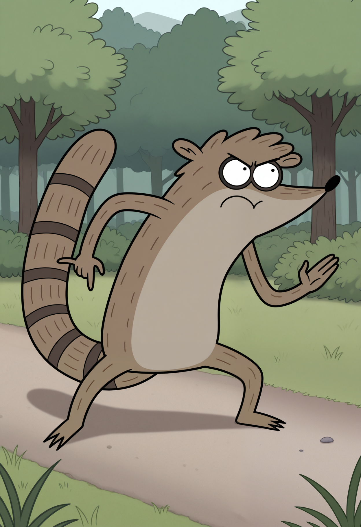 masterpiece,best quality,amazing quality, 1boy, solo, r1gby, raccoon boy, brown fur, black eyes, raccoon tail, full body, outdoors, shortstacked, attack stance,