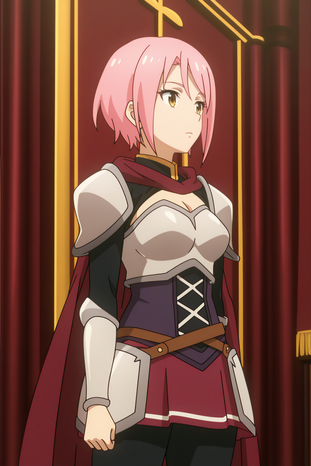 anime coloring,  Female Knight,  red cloak, breastplate, shoulder armor, corset, pauldrons, pantyhose, miniskirt  <lora:Konosuba_Bakuen_-_Female_Knight_-_illustrious:0.8>