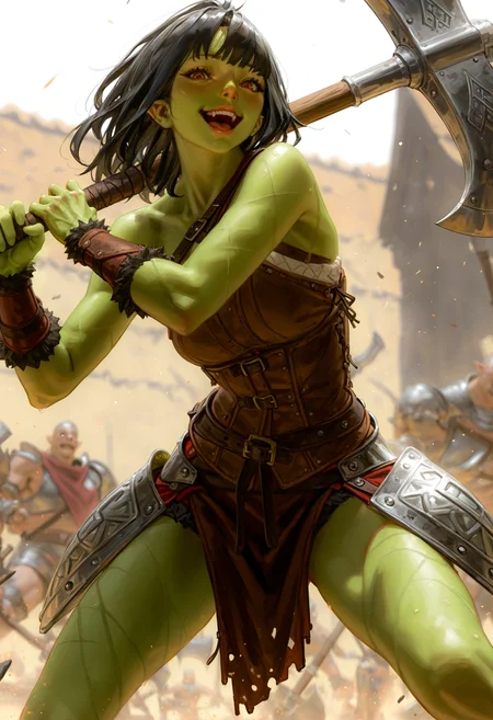 realistic textured painterly, by solipsist, by guweiz, by lch,
orc girl, (green skin:1.2),
1girl, solo, wearing fur clothes, muscular, black hair, metal plates, metal belt, dynamic pose, holding battle axe, two-handed axe, huge weapon, blurry background, depth of field, happy crazy expression, open mouth, incoming attack, looking at viewer, smug,
very awa, best quality, absurdres, masterpiece,
<lora:nhl-002-nai:0.8>,