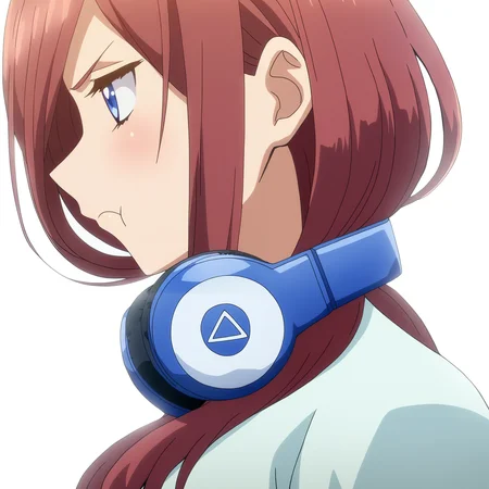 masterpiece, high quality, high res, absurd res, ultra high quality,
<lora:Miku_Nakano_Illustrious_v57:1>, M1kuNakan0_Illu, 1girl, solo, brown-red_hair, dark-blue_eyes, headphones, triangle_logo, hair_over_eye, mint-blue_rolled-sleeve_shirt, anime_screencap, portrait, from side. white background, simple background, pouting, slightly annoyed