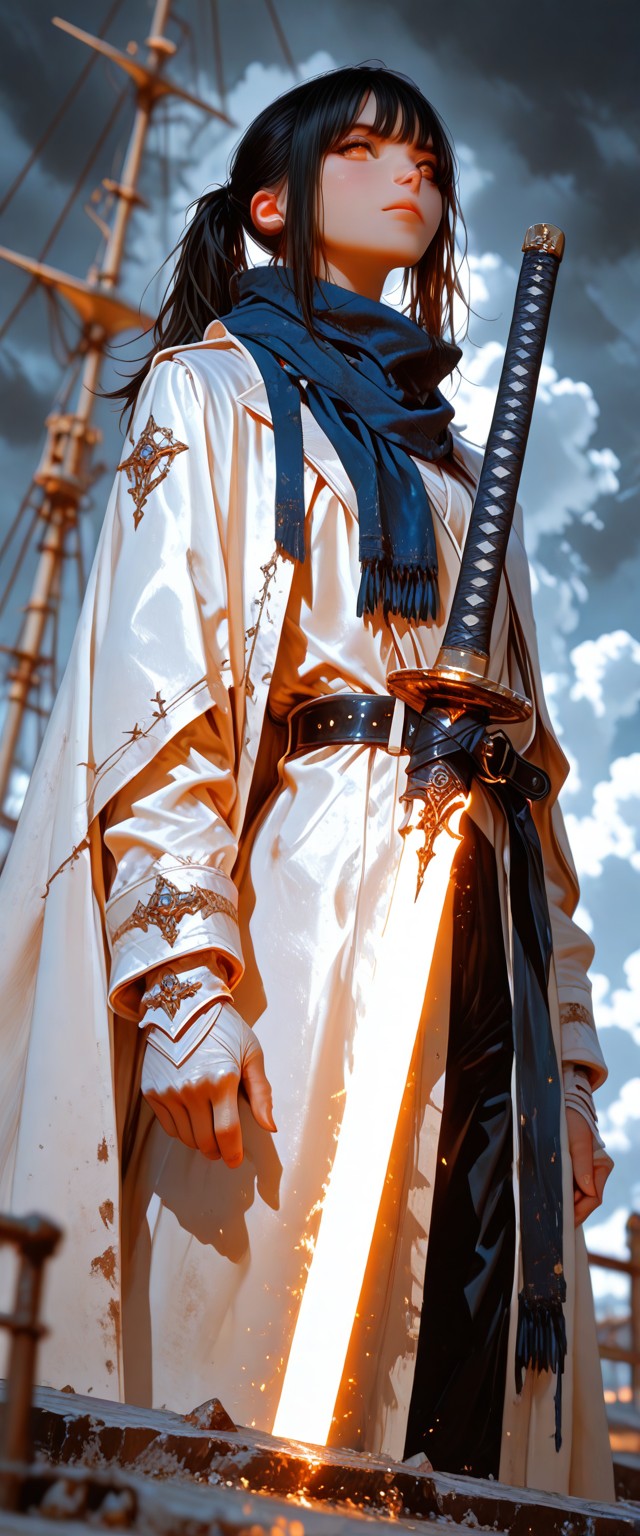masterpiece, ultra-HD, photorealistic, impressionism, high detail, depth of field,  dynamic lighting, best quality, very aesthetic, 8k, best quality, masterpiece, best quality, absurdres, newest, very aesthetic, detailed face, detailed character, detailed clothes,  detailed background, detailed light,  detailed shadows, 
1girl, human, light skin, black long hair, ponytail, tall body, tall hand, asian face, brown eyes, ((monochrome creamy clothes, long dark-blue scarf, white cloak, white tuxedo, black belt)), katana,  serious  expression, drama light, drama shadows, good construction weapon, sail ship background, dark clouds background, small bag on belt, stand on ship, white sclera, dynamic action poses, dynamic angle, battle stance poses, 
HDR, 8K, high contrast, , very aesthetic, high resolution, ultra-detailed, absurdres, perfect lighting, ((photorealistic)), Depth of field, volumetric lighting, dramatic shadows, cinematic lighting, (sharp image), safe, BREAK, scenery, realistic/anime, (perfect anatomy, perfect hand anatomy, perfect face anatomy, perfect eyes anatomy, perfect mouth anatomy), perfect lighting, (sharp image), (dynamic poses), perfect anatomy, Focus face, <lora:02c9686b-b6c4-41a0-82e9-287881257ea4:0.7>, <lora:8634e212-e0f7-4f65-aaad-f27f330ba925:0.7>