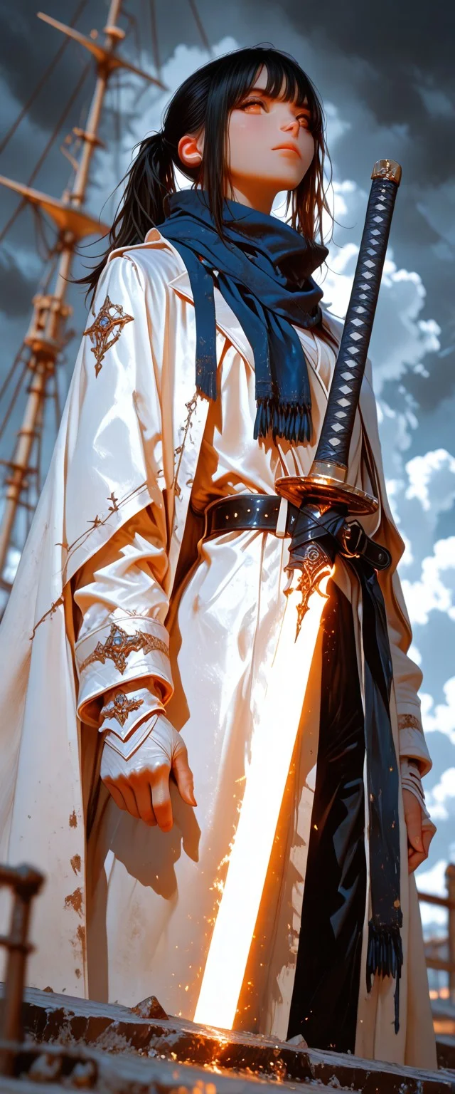masterpiece, ultra-HD, photorealistic, impressionism, high detail, depth of field, dynamic lighting, best quality, very aesthetic, 8k, best quality, masterpiece, best quality, absurdres, newest, very aesthetic, detailed face, detailed character, detailed clothes, detailed background, detailed light, detailed shadows,
1girl, human, light skin, black long hair, ponytail, tall body, tall hand, asian face, brown eyes, ((monochrome creamy clothes, long dark-blue scarf, white cloak, white tuxedo, black belt)), katana, serious expression, drama light, drama shadows, good construction weapon, sail ship background, dark clouds background, small bag on belt, stand on ship, white sclera, dynamic action poses, dynamic angle, battle stance poses,
HDR, 8K, high contrast, , very aesthetic, high resolution, ultra-detailed, absurdres, perfect lighting, ((photorealistic)), Depth of field, volumetric lighting, dramatic shadows, cinematic lighting, (sharp image), safe, BREAK, scenery, realistic/anime, (perfect anatomy, perfect hand anatomy, perfect face anatomy, perfect eyes anatomy, perfect mouth anatomy), perfect lighting, (sharp image), (dynamic poses), perfect anatomy, Focus face, <lora:02c9686b-b6c4-41a0-82e9-287881257ea4:0.7>, <lora:8634e212-e0f7-4f65-aaad-f27f330ba925:0.7>