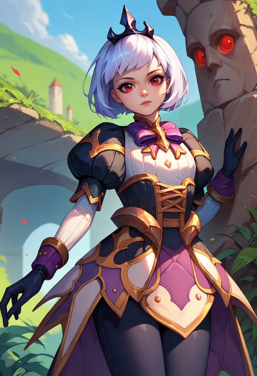 score_9, score_8_up, score_7_up, 1girl,  Orphea, tiara,  white hair, short hair, red eyes, gown, puffy sleeves, leggings, black gloves, purple bow, looking at viewer, outdoors,       <lora:Orphea DORER:1>