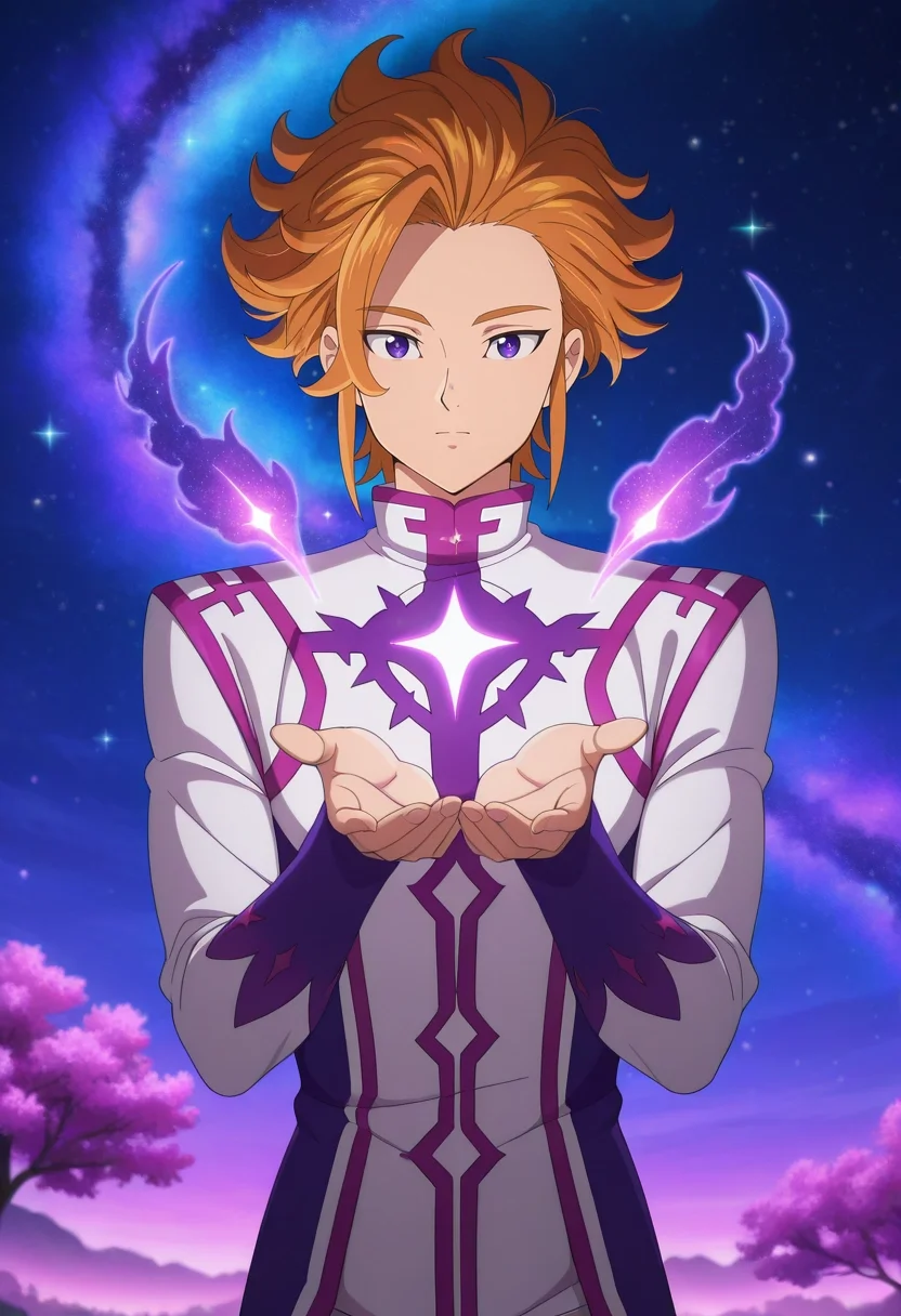 masterpiece, best quality, intricate details, anime screencap, anime coloring, , looking at viewer, 1boy, solo, male focus, <lora:arthur_pendragon_ilxl:0.9>, arthur_pendragon, orange hair, purple eyes, short hair, cosmic arboretum, starlight trees, nebula blossoms, floating gardens, tending pose, mesmerized expression, galaxy glow,