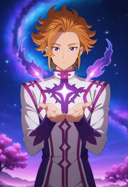masterpiece, best quality, intricate details, anime screencap, anime coloring, , looking at viewer, 1boy, solo, male focus, <lora:arthur_pendragon_ilxl:0.9>, arthur_pendragon, orange hair, purple eyes, short hair, cosmic arboretum, starlight trees, nebula blossoms, floating gardens, tending pose, mesmerized expression, galaxy glow,