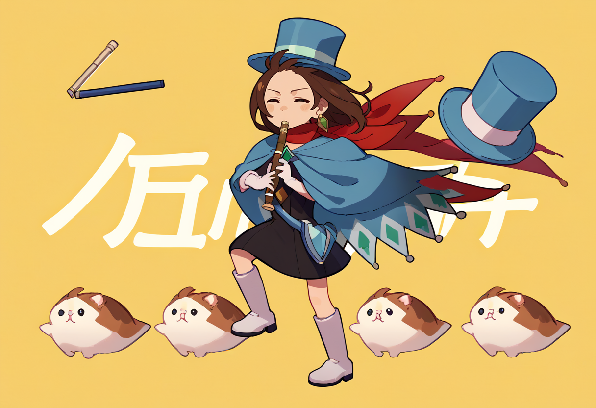 score_9, score_8_up, score_7_up, source_anime, simple background, yellow background, solo, 1girl, trucy wright, kyoufuuallback, full body, holding flute, top hat, dress, cape, white gloves, boots, scarf, earrings <lora:concept_kyoufuuallback_ponyXL:1> <lora:aa_trucywright_ponyXL:1>