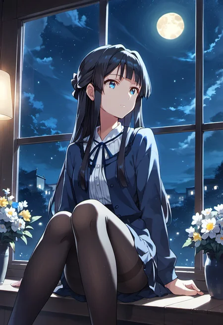 score_9, score_8_up, score_7_up, source_anime, mogami shizuka, long hair, blue eyes, black hair, 1girl, solo, night, moon, window, sitting, pantyhose, sky, flower, half updo, night sky, full moon