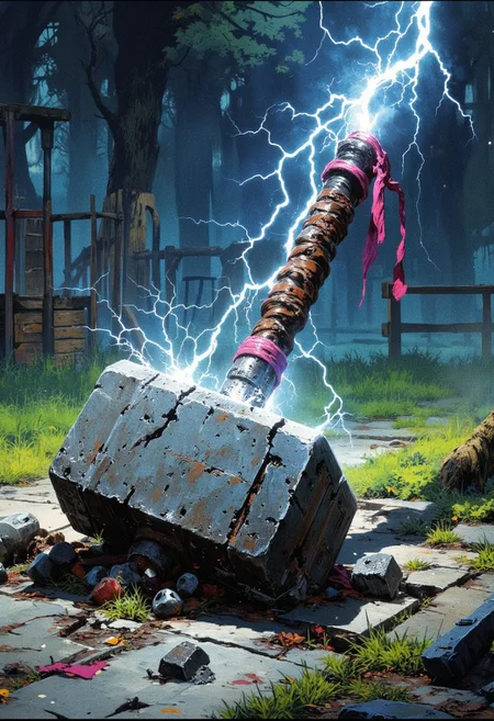 digital painting, dark fantasy, drkfnts style, hyper detailed.
an epic depiction of thor's weathered hammer, mjolnir, partially crashed into ground. 
the hammer is a weapon of brutal simplicity, it's storm forged head a rectangular slab of divine metal, is massive and unadorned. the simple leather wrapped handle short and thick, is also wrapped in a band of pink cotton, the end of the fabric swaying in the wind. powerful lightning sparks cover the hammers surface and edges with sinister energy, echoing the divine and destructive force of the weapon. 
the hammers head is partially buried in concrete pavement path,  cracked under it's impact. 
the background is out of focus, depicts green grass and decayed recreational playground equipment, covered in mist. the lighting is overall soft and dim, highlighting the hammer in an epic mood.