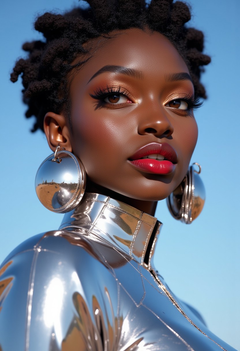 A hyper-detailed, avant-garde, high-resolution photograph featuring a striking woman with deep, rich brown skin against a clear, light blue sky. Her full-face close-up is captured with impeccable clarity, highlighting the smooth texture of her flawless complexion. She wears shimmering metallic eyeshadow that catches the light and adds depth to her piercing gaze, while her glossy, deep red lips provide a bold contrast to her dark skin. Large, round metallic earrings, reflective and iridescent, in a mix of silver and gold, shimmer with a mirror-like, chrome finish, contributing to her modern and futuristic allure. 
Her outfit is a metallic, shiny silver piece, reflecting the light and enhancing her avant-garde look. The reflective surfaces of both her earrings and outfit create a dynamic interplay with the environment, further emphasizing her sleek, glamorous presence. The minimalist background allows the viewer to focus entirely on her bold, eye-catching fashion and makeup. Captured using a Sony A7R IV camera with a 50mm f/1.2 G Master lens for a beauty editorial shoot, the composition highlights both the subject's fashion-forward aesthetic and her flawless skin texture. Inspired by avant-garde fashion photography from Sølve Sundsbø, this image blends contemporary fashion and minimalist elegance, embodying mythp0rt, niji_flux styles for a sleek, high-fashion vision.