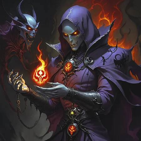 ArsMJStyle, dnddarkestfantasy, <lora:DnD_Darkest_Fantasy_Party:1>, Warlock's Infernal Pact, The image shows a warlock sealing a pact with an infernal entity. Hellfire frames the scene, casting long shadows. The demon's form is indistinct but terrifying, its eyes glowing points of malevolence. Eldritch symbols burn themselves into the warlock's skin., no humans, warlock, demon, hellfire, pact, magic symbols, shadows, dark fantasy, occult, infernal, corruption, power