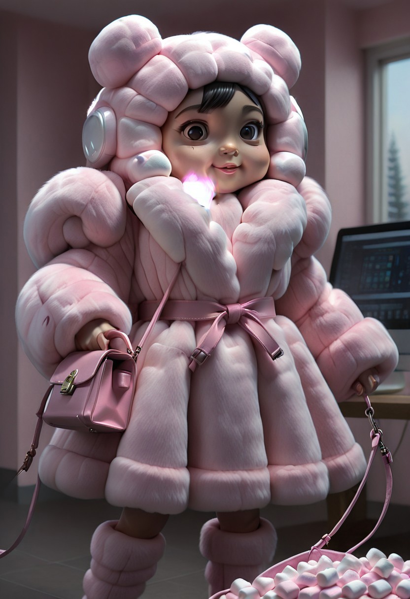 CivChan in a pink fur coat, hitting CivBot with a bag of marshmallows.