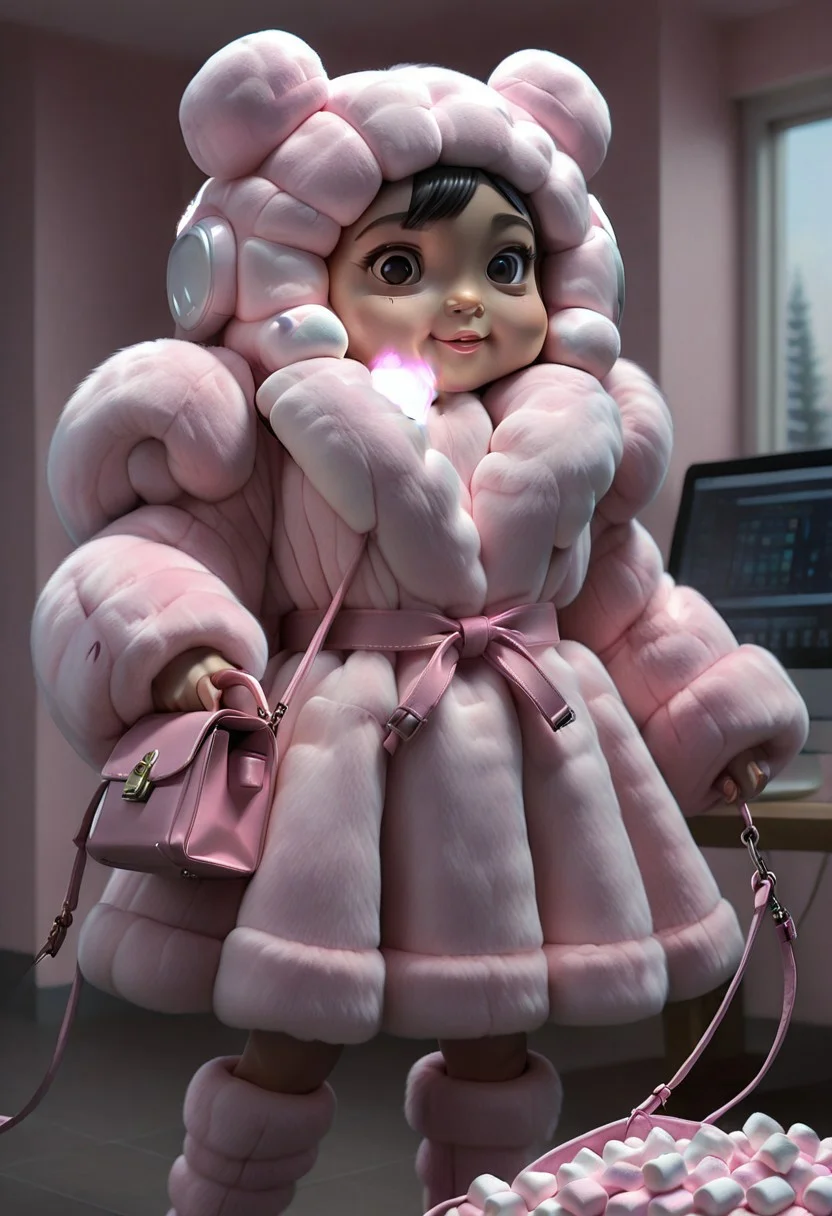 CivChan in a pink fur coat, hitting CivBot with a bag of marshmallows.