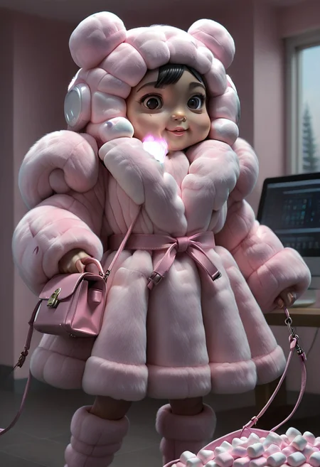 CivChan in a pink fur coat, hitting CivBot with a bag of marshmallows.