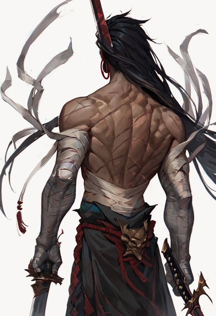 score_9, score_8_up, score_7_up, Yone, holding weapon, bandaged arm, holding sword, scar, jewelry, solo, 1girl, bandaged hand, back, white background, scar on arm, earrings, simple background, sarashi, long hair, katana, hoop earrings, sword, muscular, holding, sheath, black hair, from behind, weapon, bandages, scabbard, facing away