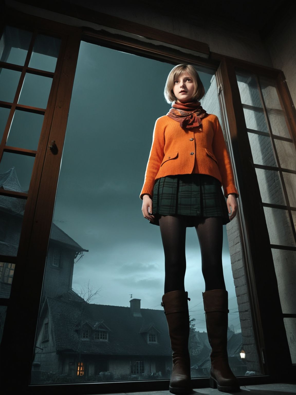 realistic,photo,cinematic,
<lora:Ella_Freya_v1_biglust:1>(ellfrya:1.2),orange jacket over sweater,adult,(ashl hair:1.2),scarf,black (pantyhose:1.2),long brown boots,green skirt,turtleneck,
none,night,inside,village outside window,from below,standing pose,scared
mystical,dystopian,horror \(theme\),resident evil 4 \(remake\), best quality,