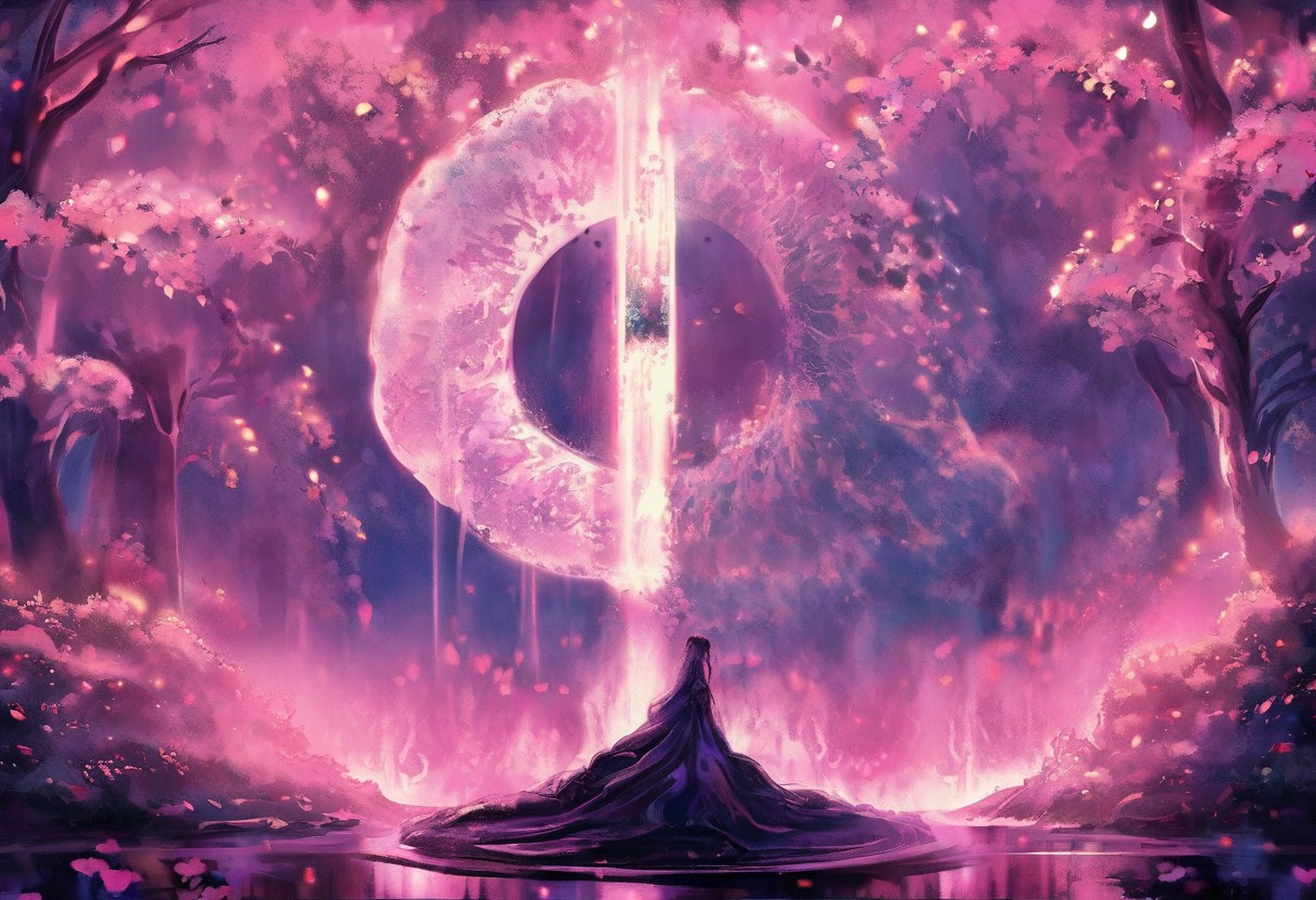 A breathtaking fantasy scene of a cloaked figure standing before a glowing circular portal framed by blooming cherry blossoms. The portal emits a radiant pink and white glow, illuminating the surrounding environment with an ethereal light. The figure, clad in a long, flowing black cloak, appears small yet significant against the grand, mystical backdrop. The scene is set in an overgrown garden filled with vibrant red and green foliage, with dew-covered flowers glistening in the ambient light. The trees around the portal have twisted, ancient trunks, and their branches are adorned with dense clusters of pink blossoms. Magical particles and soft light beams dance in the air, enhancing the dreamlike quality of the environment. In the background, a massive full moon shines brightly through a misty forest, its pale blue glow blending seamlessly with the portal's pink hues. The ground reflects the vibrant colors of the scene, as if it were wet from recent rain, adding depth and a sense of tranquility. The painting style is a mix of hyper-realism and fantasy, with intricate details in the blossoms and foliage combined with soft, glowing lighting effects. The color palette is dominated by pink, blue, and green, contrasted by the dark silhouette of the figure. The overall tone is mystical, serene, and otherworldly, evoking a sense of wonder and discovery. <lora:Blue_Future:0.9> <lora:Ethereal_Brush_Anime_v1.0:0.6> <lora:It's a LoRA for portraits, BUT! actually specialized in