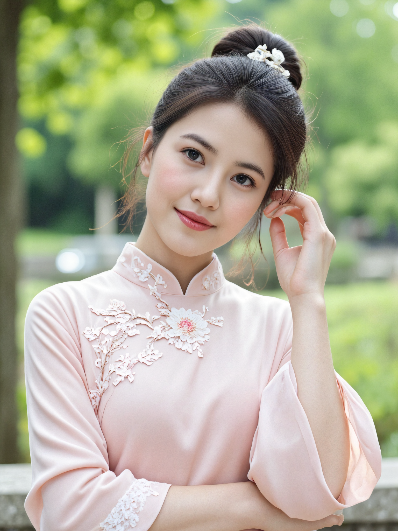 This is a high-resolution photograph of an Asian woman in traditional Chinese attire, taken outdoors under soft natural lighting. She is dressed in a pale pink, long-sleeved hanfu robe with delicate floral embroidery. Her hair is styled in an elegant updo, adorned with a floral hairpin.

She is gently raising one hand to adjust a loose strand of hair near her temple, the gesture graceful and unhurried. The background features a softly blurred scene of lush greenery, adding a natural and peaceful atmosphere. The light filters through the trees, casting a gentle glow on her sleeves and profile. The composition follows the rule of thirds, emphasizing the quiet elegance of her posture and attire.