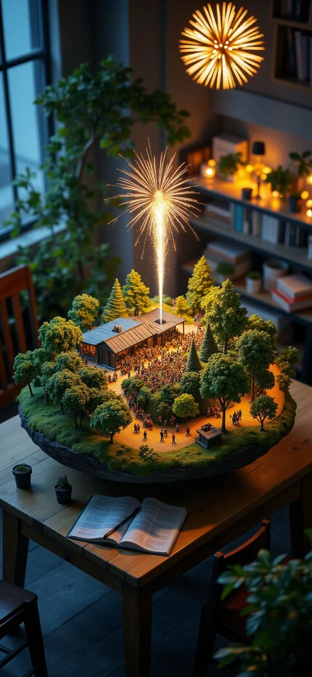 (indoor,very wide isometric view,tilt-shift lens:1.6), (windowless,fna_style,miniature,miniature,diorama,miniature,diorama,PVC,plastic:2),starry night grass,forest,fireworks,concert with crowded at (floating island,levitating island:1.5) on (table:2) at (attic:2.5) <lora:Diorama_Flux:1>
<lora:Fantasy_Novel_Art_Style:1>