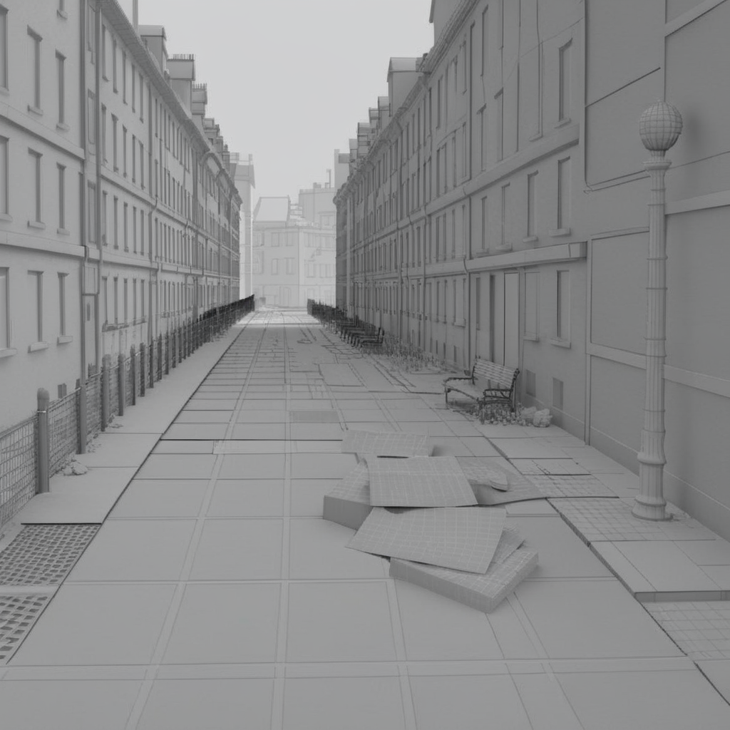 <lora:3dpolygonStyle:1>,3dm,monochrome,grey  grid color matching,Create a 3D animation style image of a street