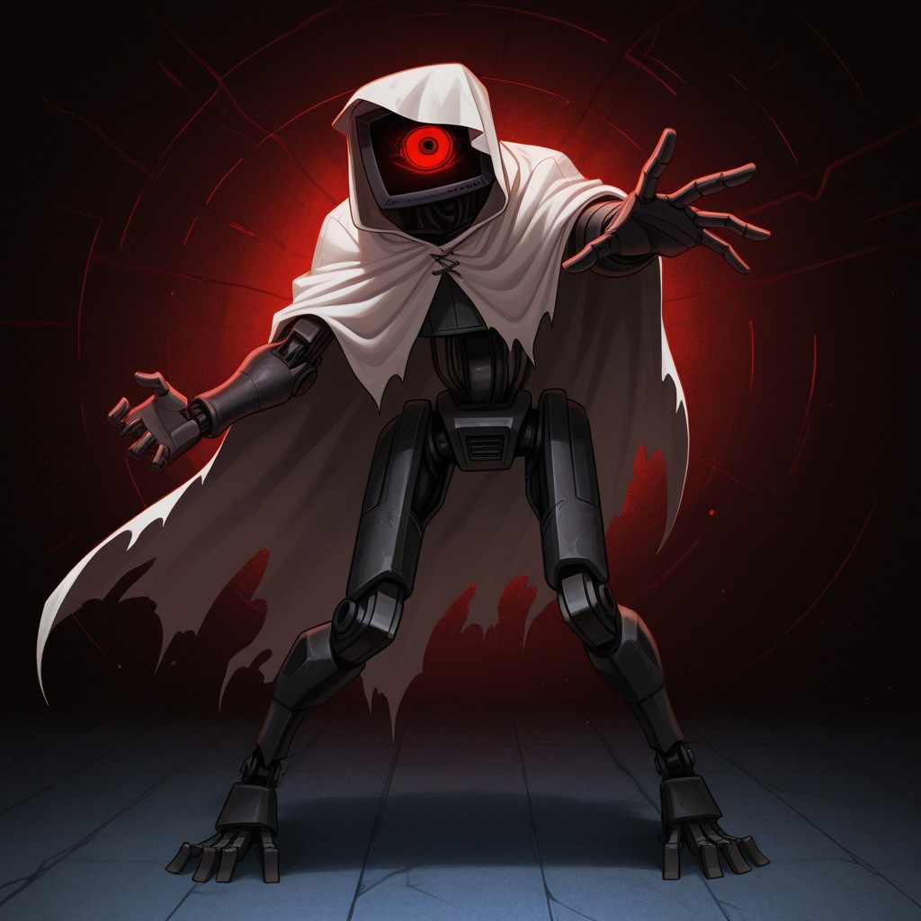 detailed, hires, absurd res, best quality, high quality, masterpiece, 4K, perfect eyes, perfect face, detailed hands, 5 fingers, newest BREAK male, 1boy, solo, ppthedoctor, robot, tv head, screen face, 1 eye, red eyes, white cloak, hood, standing, full body, dynamic pose, slouching, reaching towards viewer