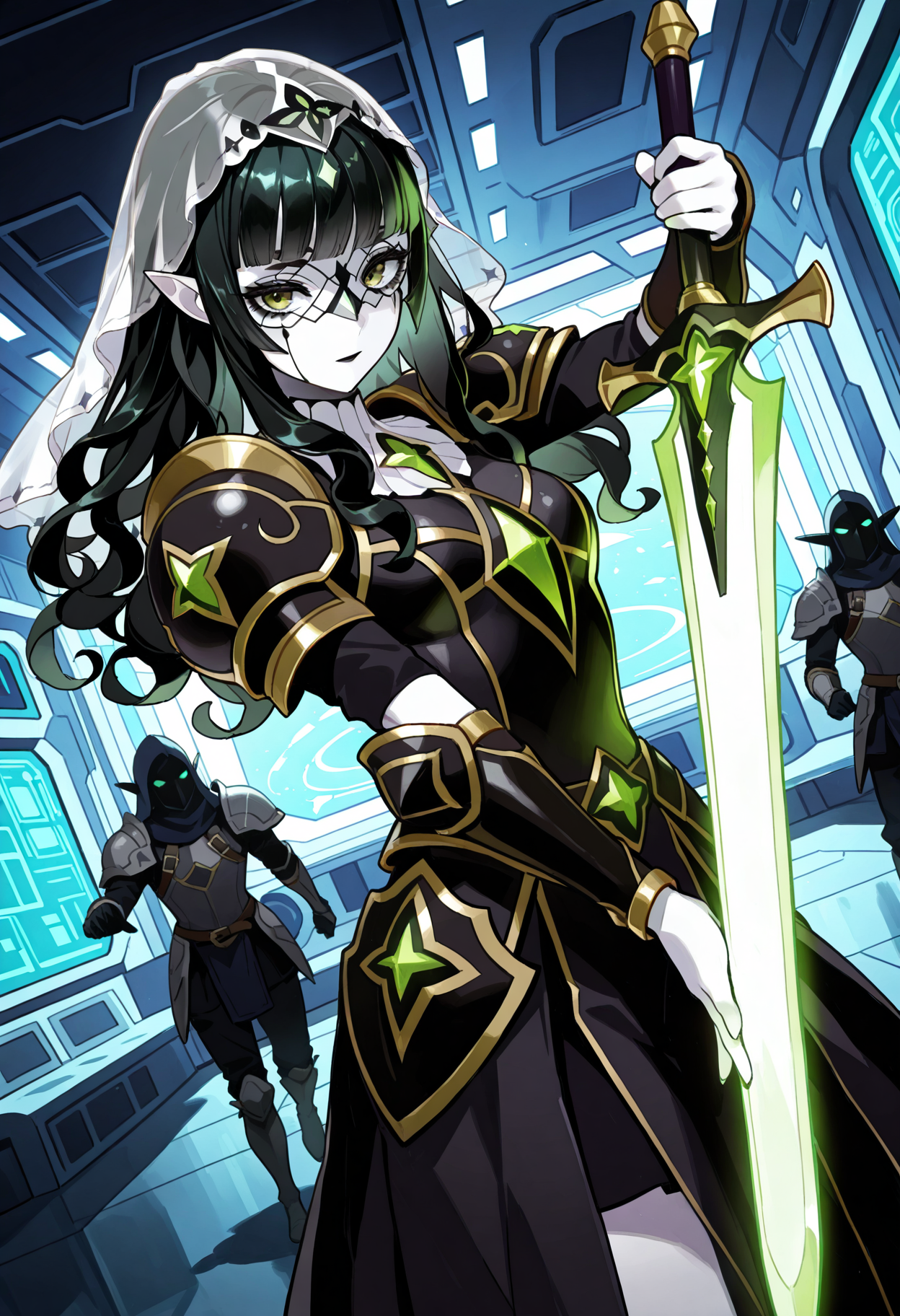 1girl, white pale skin, green eyes, pointed ears, pitch black hair, curly hair, long hair, blunt_bangs, (mime makeup), black lips, mascara, black eyeshadow,
armor,shoulder armor,pauldrons, vambraces,dress,skirt,jewerly,(veil), transparent mask, action pose, dutch angle,
standing, spacecraft interior, low light, holding glowing sword, 
<lora:furofuroppiIL-style:1>,furofuroppi,
masterpiece,best quality,amazing quality,