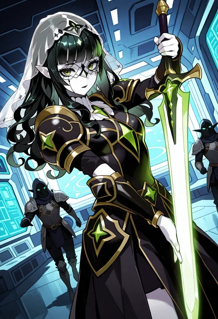 1girl, white pale skin, green eyes, pointed ears, pitch black hair, curly hair, long hair, blunt_bangs, (mime makeup), black lips, mascara, black eyeshadow,
armor,shoulder armor,pauldrons, vambraces,dress,skirt,jewerly,(veil), transparent mask, action pose, dutch angle,
standing, spacecraft interior, low light, holding glowing sword,
<lora:furofuroppiIL-style:1>,furofuroppi,
masterpiece,best quality,amazing quality,