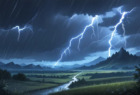 score_9, score_8_up, score_7_up, (masterpiece), best quality, newest, absurdres, highres, fantasy, expressive eyes, perfect face, realistic style, symphtia-style, detailed face, detailed eyes, detailed pupils, landscape, scenery, (rain, stormy, lightning, lightning storm), dark lighting, realistic lighting, no humans, night