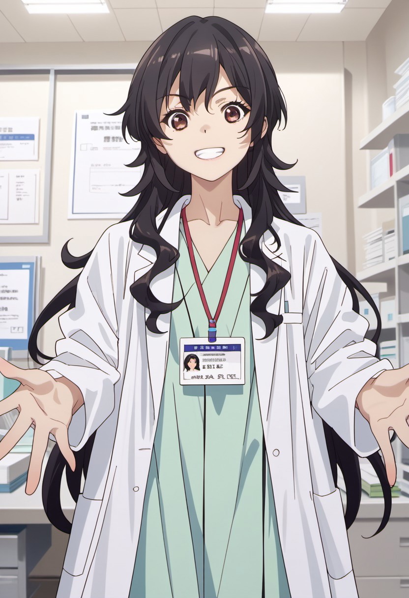 score_9, score_8_up, score_7_up, source_anime, ameku takao, long hair, black hair, brown eyes, 1girl, labcoat, solo, id card, smile, looking at viewer, grin, indoors, outstretched arms, lanyard, paper